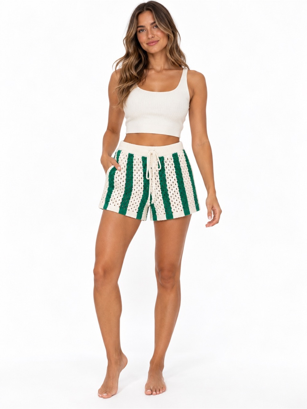 The Drop Aoss Emerald Green Crochet Striped Shorts Size X-Small NWT